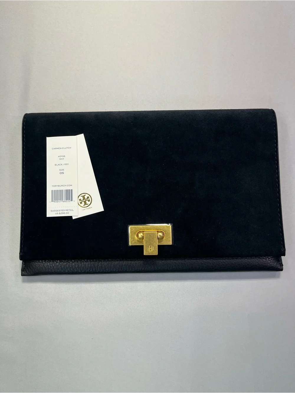 Tory Burch Black Suede Leather Clutch with Gold Turn-Lock - NWT